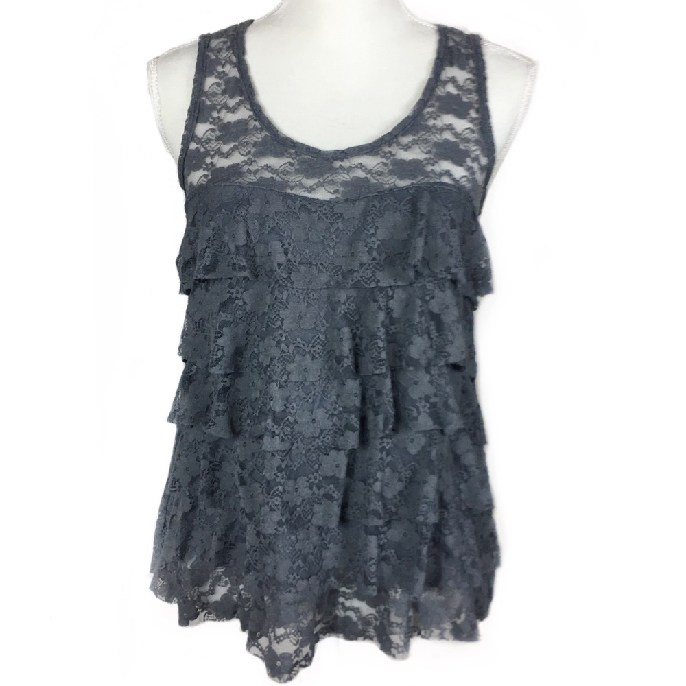 Lilly Lou Gray Floral w/Ruffles Tank Top, Sz S